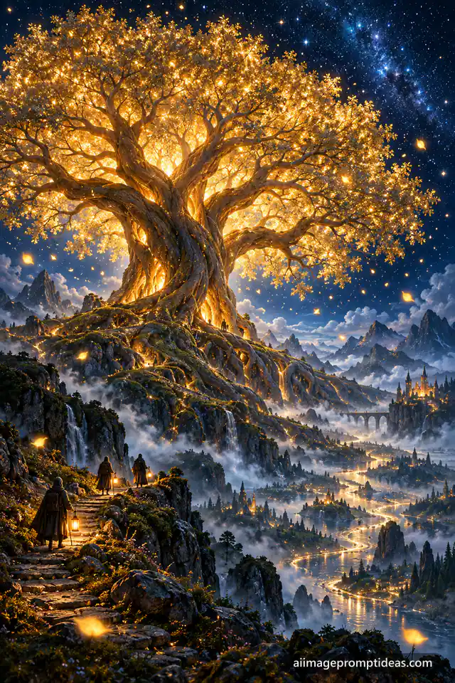 Colossal tree of life glowing golden on a hill at night with figures carrying lanterns, AI generated