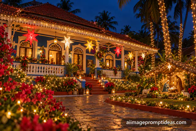 Paper star lanterns on a blue Portuguese-style Goan home at Christmas, AI generated