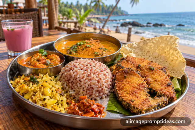 Goan fish thali with fish curry rice, rava-fried fish, prawn curry and sol kadhi, AI generated
