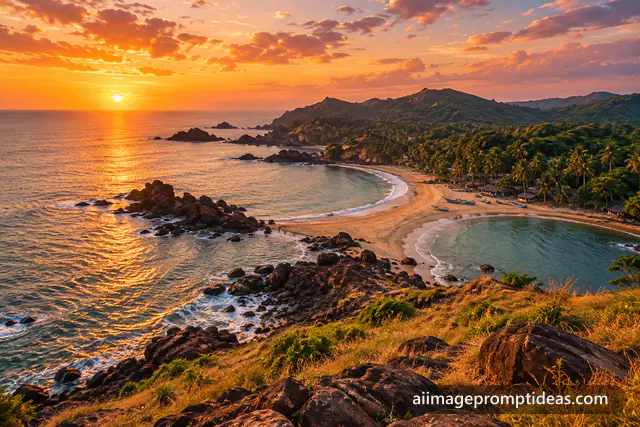 Curved twin bays of Om Beach in Gokarna seen from a cliff at sunset, AI generated