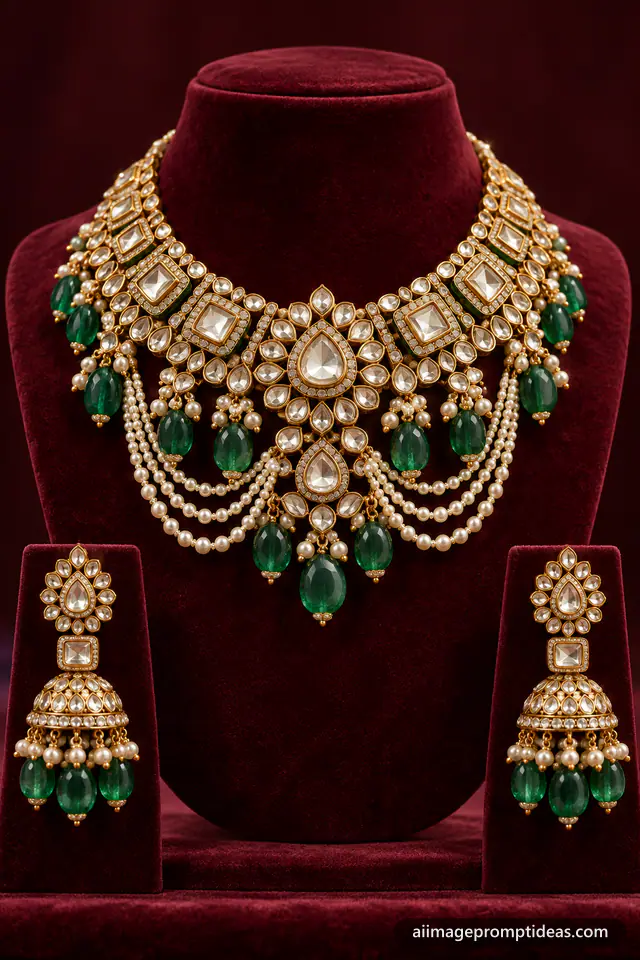Ornate gold kundan necklace with emeralds and pearls on a maroon velvet bust, AI generated