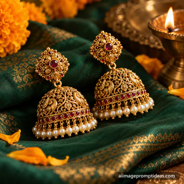 Ornate gold jhumka earrings with pearl drops on emerald silk with marigold petals, AI generated