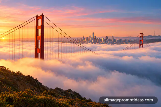 Golden Gate Bridge towers rising above a sea of fog at sunrise, AI generated