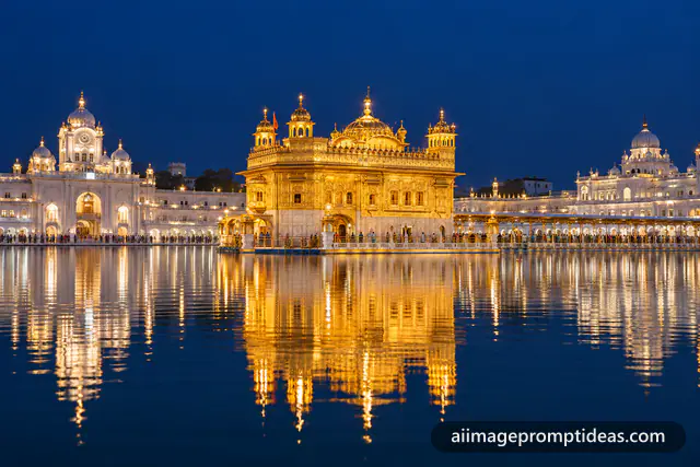 Golden Temple in Amritsar glowing at night reflected in the holy sarovar, AI generated