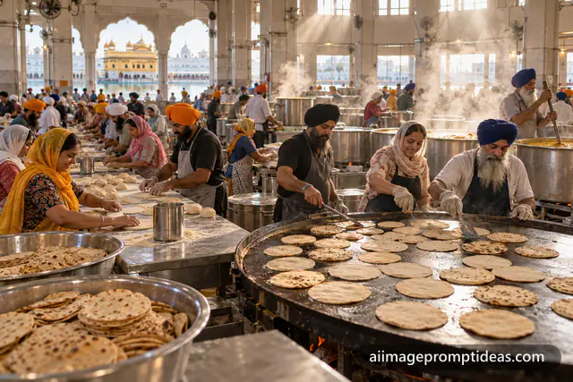 Volunteers cooking rotis on huge griddles in the Golden Temple langar kitchen, AI generated