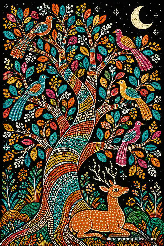Gond folk art tree of life with dotted patterns, colorful birds and a deer on black, AI generated