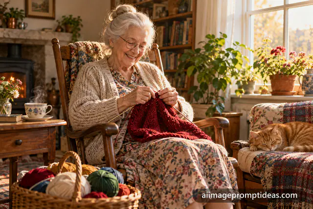 Smiling grandmother with glasses knitting in a rocking chair by a sunny window with a cat, AI generated