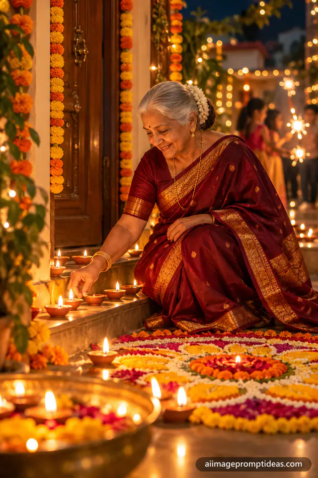 Indian grandmother in a maroon silk saree lighting clay diyas beside a rangoli on Diwali night, AI generated