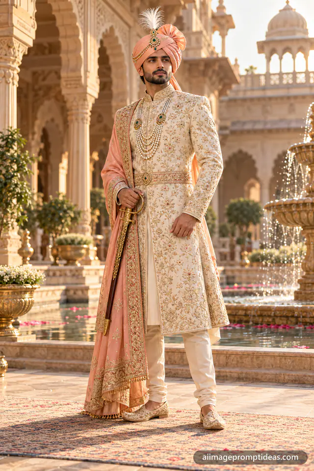 Indian groom in an embroidered ivory sherwani, peach safa and pearl mala in a palace courtyard, AI generated