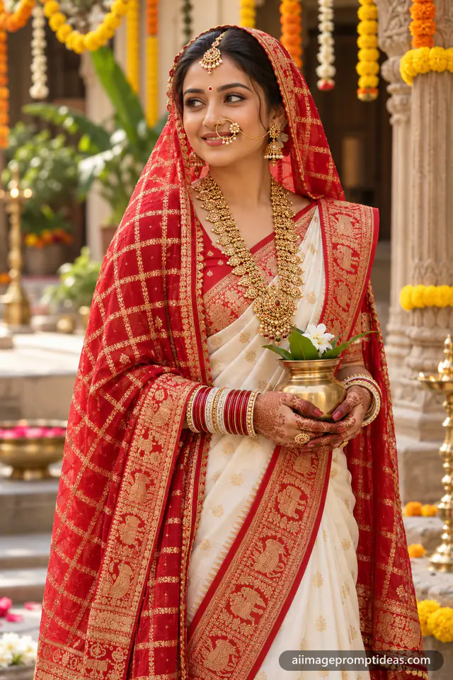Gujarati bride in a white and red panetar saree with a gharchola dupatta and gold jewellery, AI generated