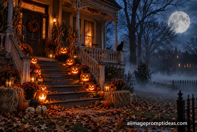 Old house porch on Halloween night with glowing carved pumpkins, fog, a black cat and a full moon, AI generated