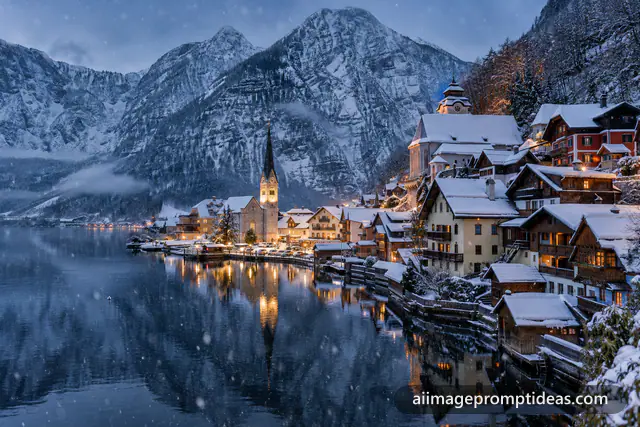 Hallstatt lakeside village with snowy rooftops and church spire reflected in the lake at blue hour, AI generated
