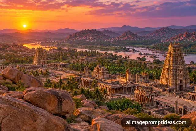 Ancient Hampi temple ruins among giant boulders and a river at sunset, AI generated