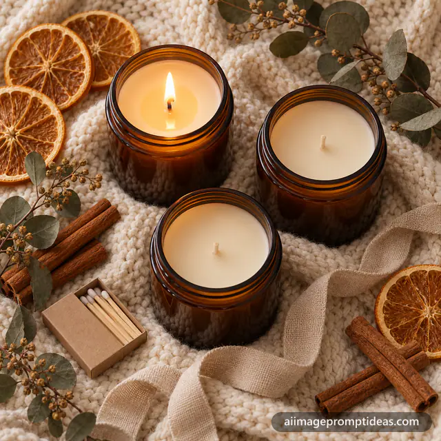 Top-down flat lay of handmade candles in amber jars with dried oranges and cinnamon, AI generated