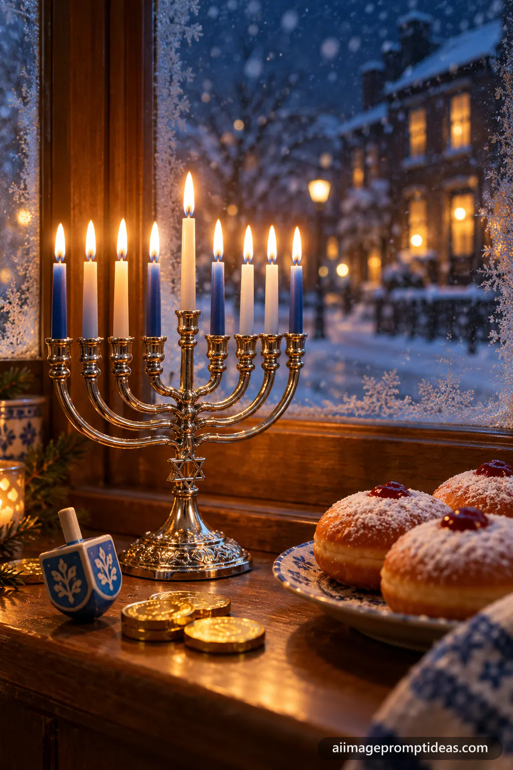 Lit silver Hanukkah menorah on a snowy window sill at night, AI generated