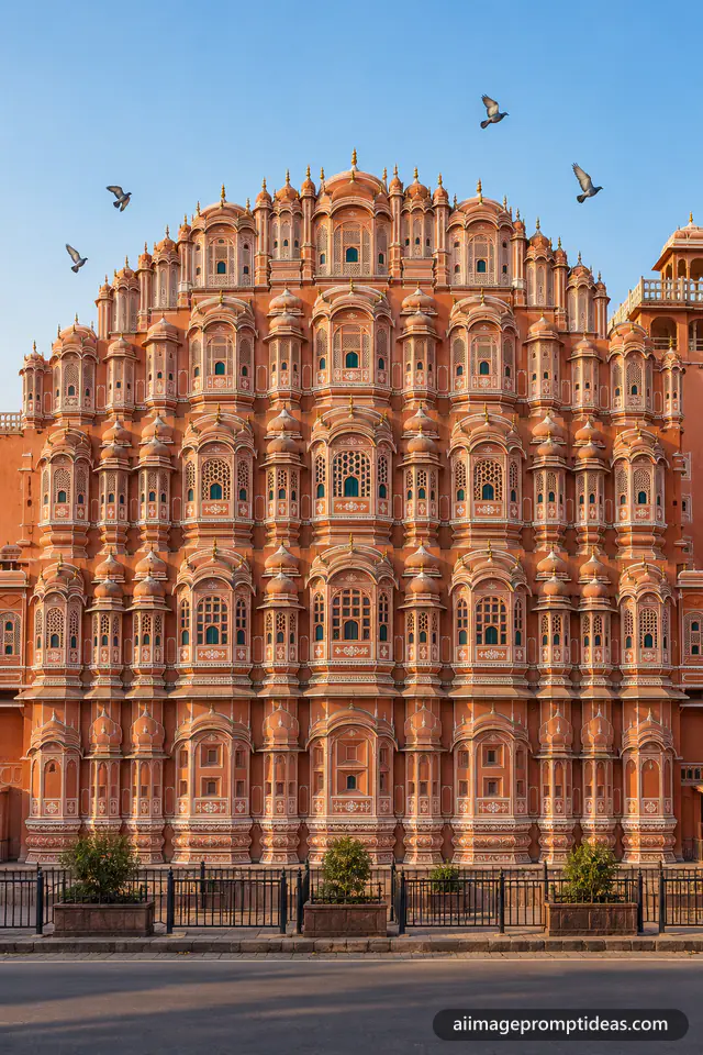Pink sandstone facade of the Hawa Mahal in Jaipur with many small windows in morning light, AI generated