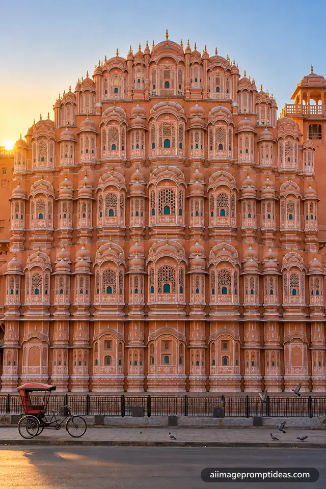 Pink sandstone Hawa Mahal facade with latticed windows glowing at sunrise in Jaipur, AI generated