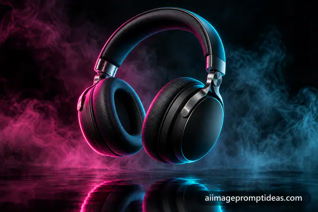 Matte black wireless headphones floating with magenta and cyan neon rim light, AI generated