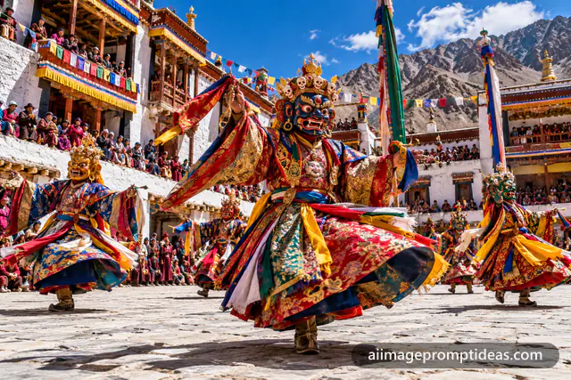 Masked Cham dancers in silk robes at Hemis monastery in Ladakh, AI generated
