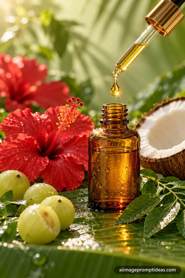 Amber hair oil bottle with hibiscus flowers, coconut and curry leaves, AI generated