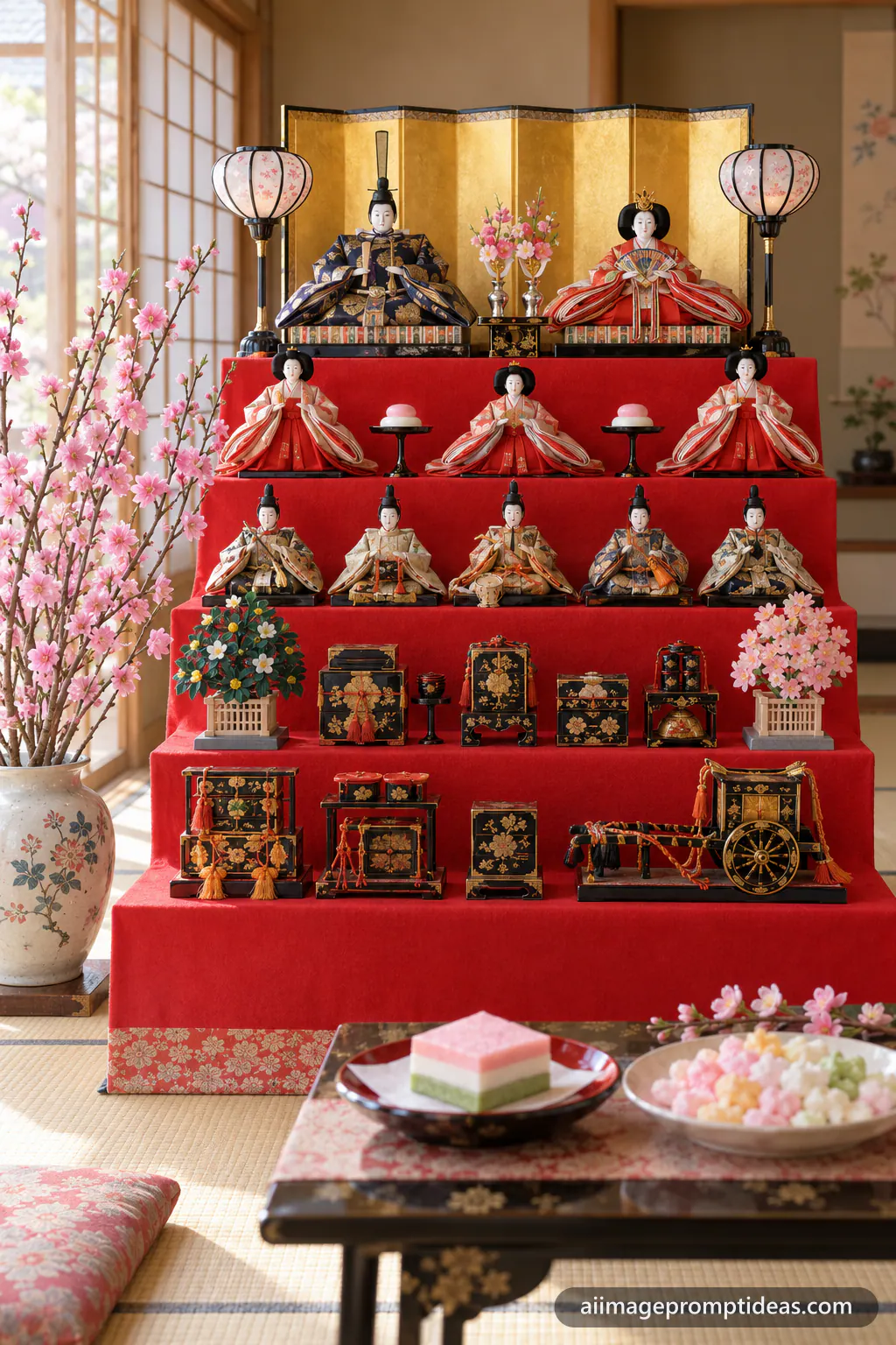 Tiered Hinamatsuri doll display with pink peach blossoms, AI generated