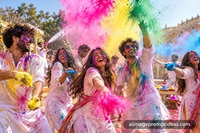 Friends in white kurtas laughing and throwing bright gulal colors during Holi, AI generated
