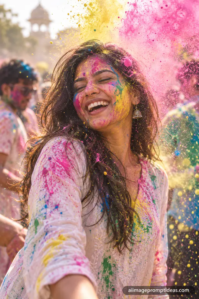 Young Indian woman laughing during Holi with bright pink and yellow color powder bursting around her, AI generated