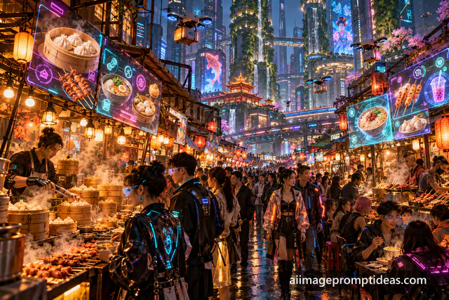 Crowded future street market with holographic menus and drones, AI generated