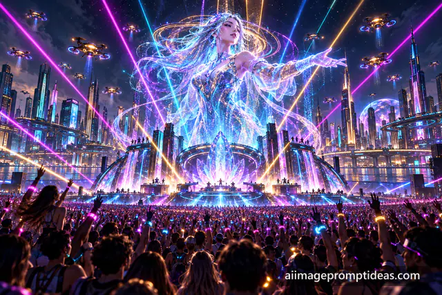 Futuristic concert with a giant holographic performer, laser beams and a glowing crowd, AI generated