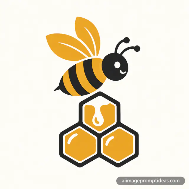 Flat vector honey farm logo with a bee above honeycomb cells, AI generated
