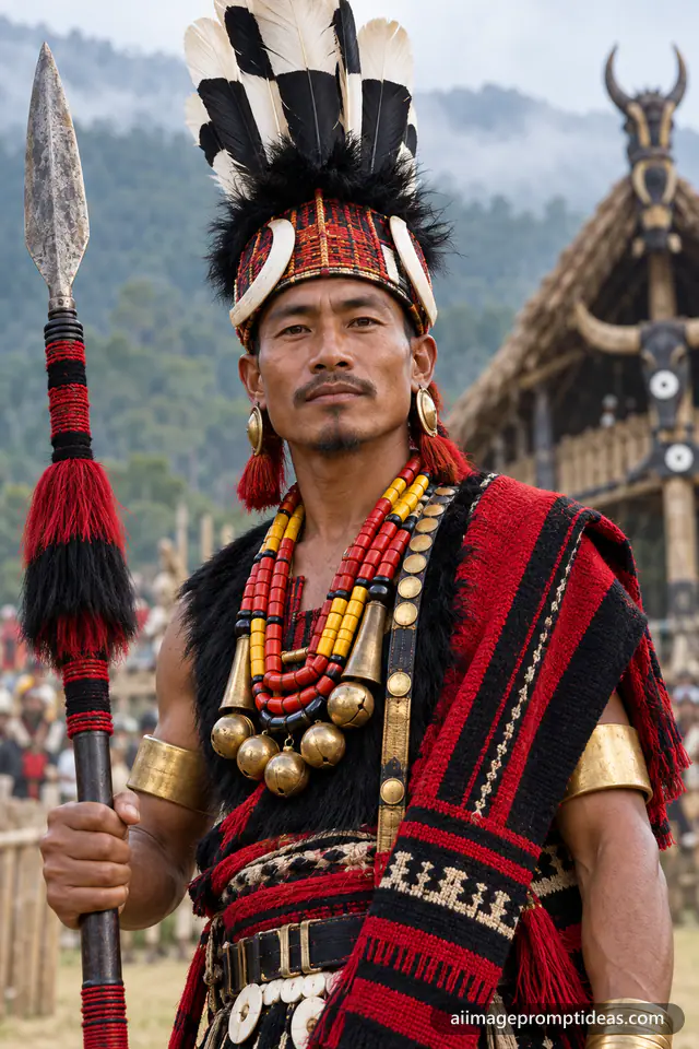 Naga man in ceremonial headgear with hornbill feathers and beads at the Hornbill Festival, AI generated