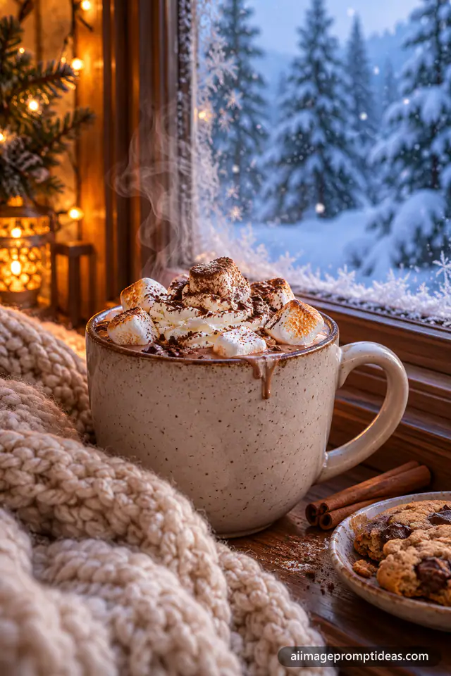 Mug of hot chocolate with marshmallows and whipped cream by a snowy window with fairy lights, AI generated