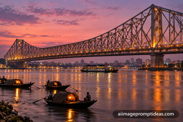 Howrah Bridge lit at dusk over the Hooghly river with boats, AI generated