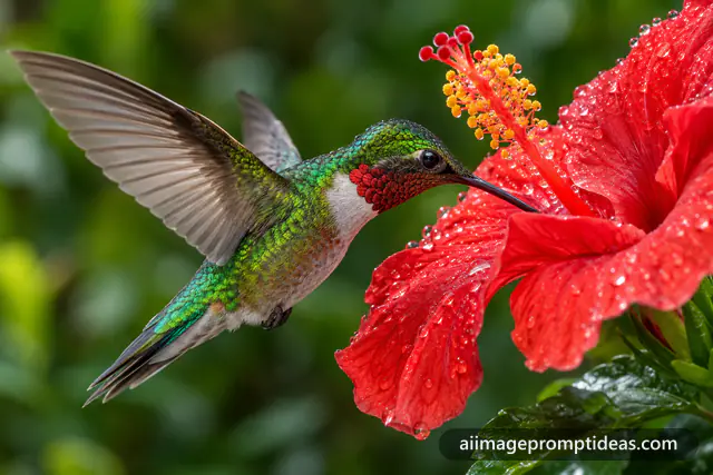 Emerald hummingbird hovering mid-air sipping nectar from a red hibiscus flower, AI generated