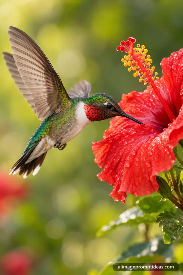 Iridescent hummingbird hovering at a red hibiscus flower with frozen wings, AI generated