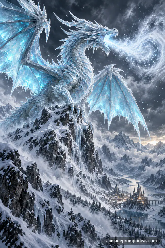 Giant crystalline ice dragon breathing frost on a frozen mountain peak, AI generated