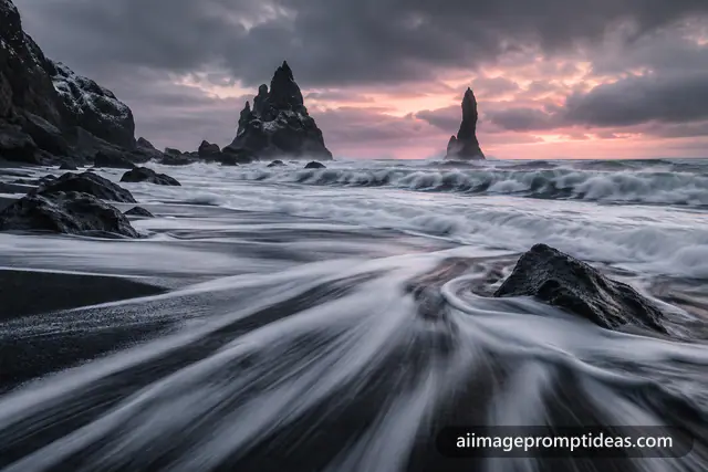 Black sand beach with jagged basalt sea stacks and silky waves under moody clouds, AI generated