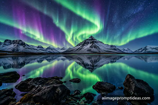 Green and purple northern lights and a snowy peak reflected in a still lake in Iceland, AI generated
