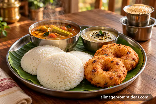 Soft idlis and crispy medu vadas with sambar and coconut chutney on a steel plate, AI generated