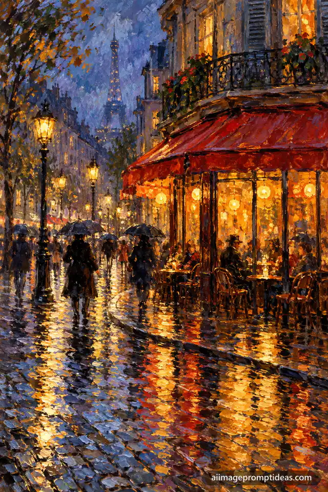Impressionist oil painting of a glowing Paris cafe on a rainy evening, AI generated