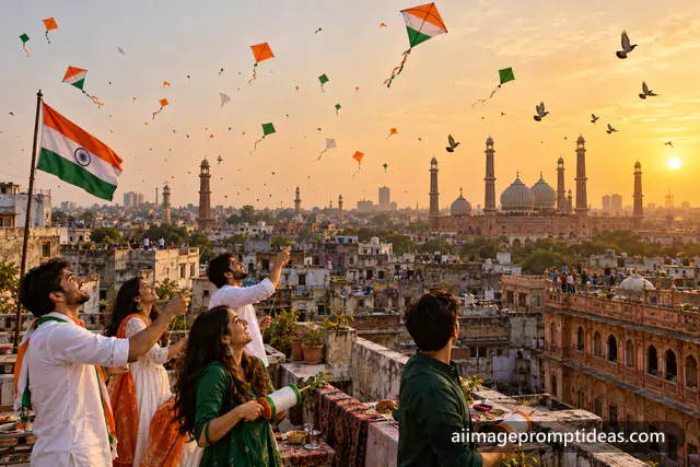 Saffron, white and green kites flying over old Delhi rooftops at golden hour on Independence Day, AI generated