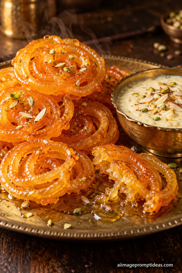 Glossy orange jalebis dripping with syrup on a brass plate beside a bowl of rabri with pistachios, AI generated