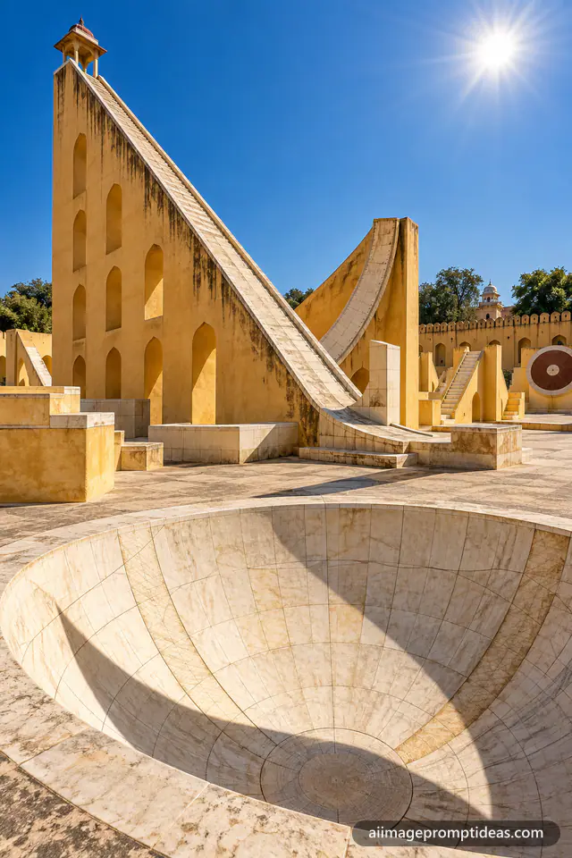 Giant stone sundial of Jantar Mantar in Jaipur under a blue sky, AI generated