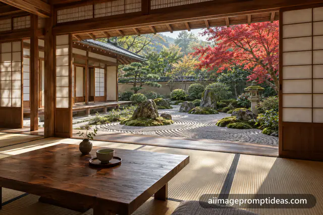 Japanese tatami room with open shoji doors facing a zen garden with raked gravel and a red maple, AI generated