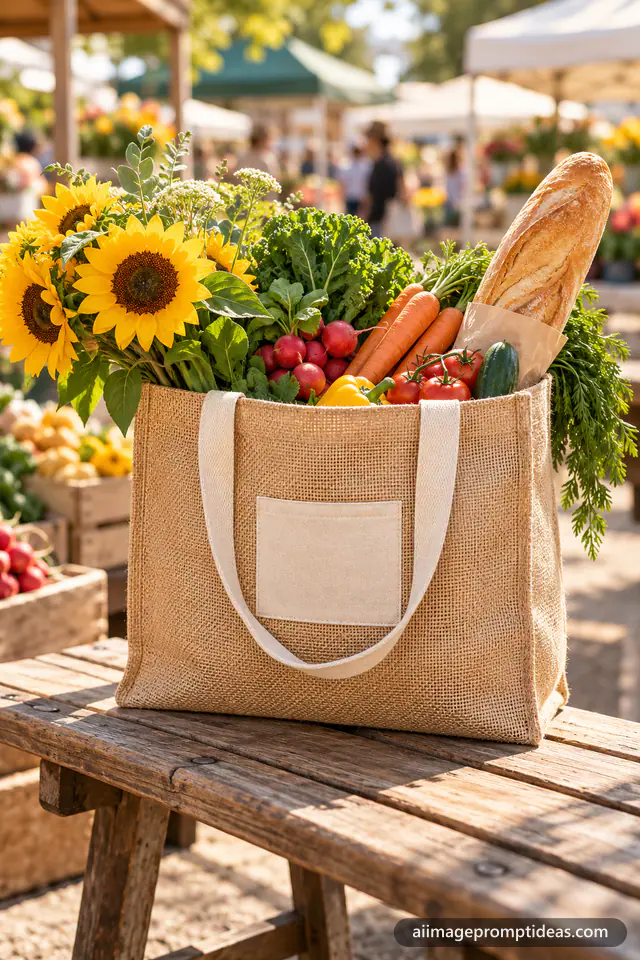 Natural jute tote bag filled with vegetables and sunflowers on a sunny market bench, AI generated