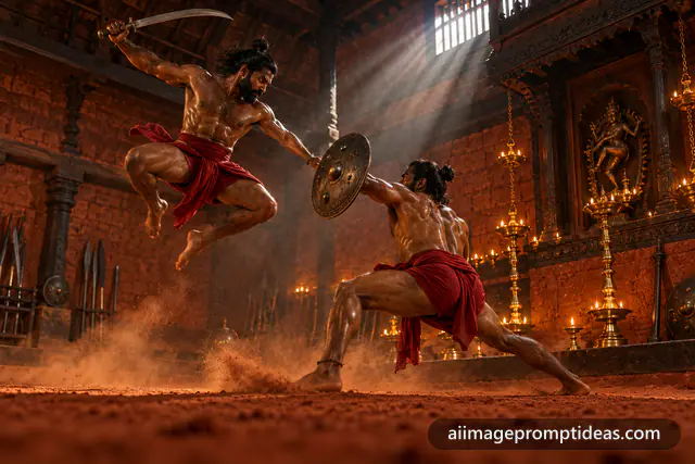 Two Kalaripayattu warriors sparring with sword and shield in a lamp-lit kalari, AI generated