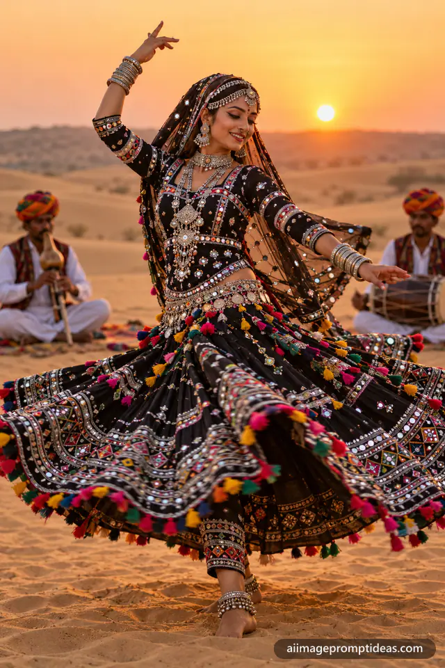 Kalbelia dancer in a black and silver skirt twirling on desert dunes at sunset, AI generated