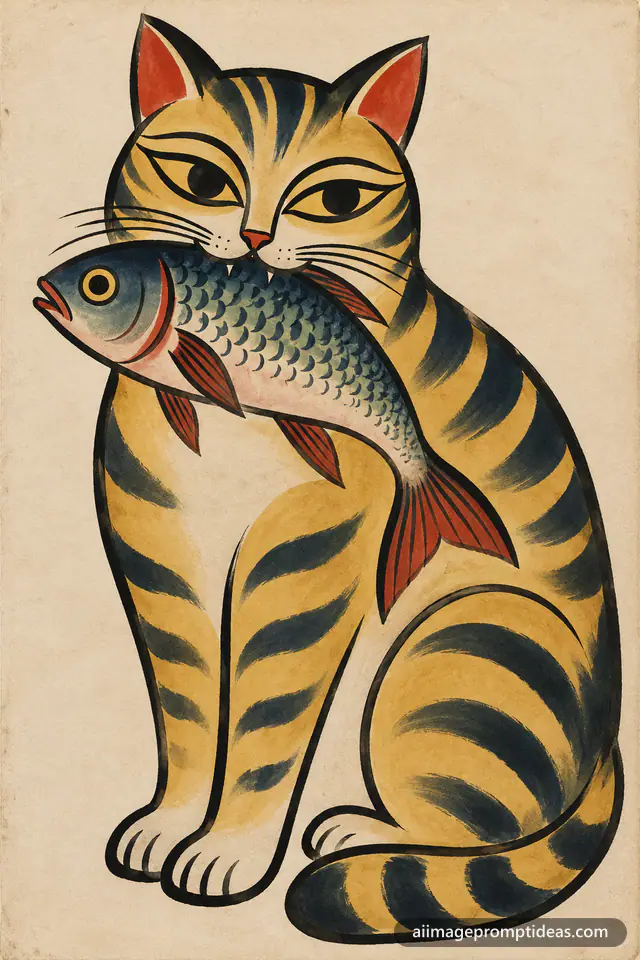 Kalighat folk painting of a striped cat holding a fish with bold black outlines, AI generated