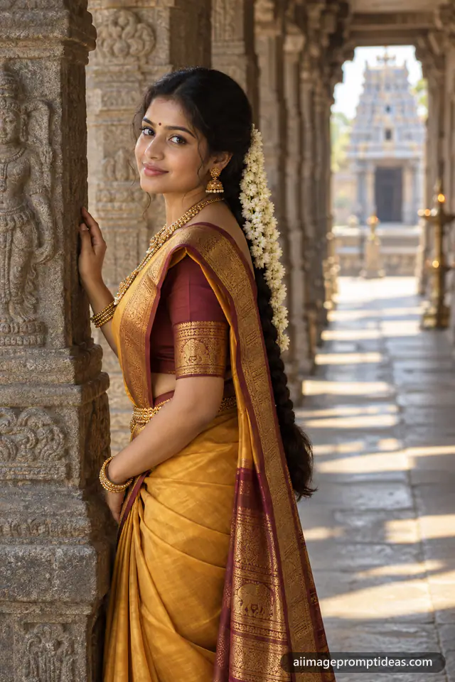 Woman in a mustard and maroon Kanjeevaram silk saree with jasmine in a carved temple corridor, AI generated