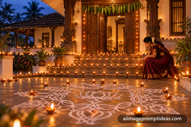 Rows of clay lamps on a white kolam outside a Tamil home for Karthigai Deepam, AI generated